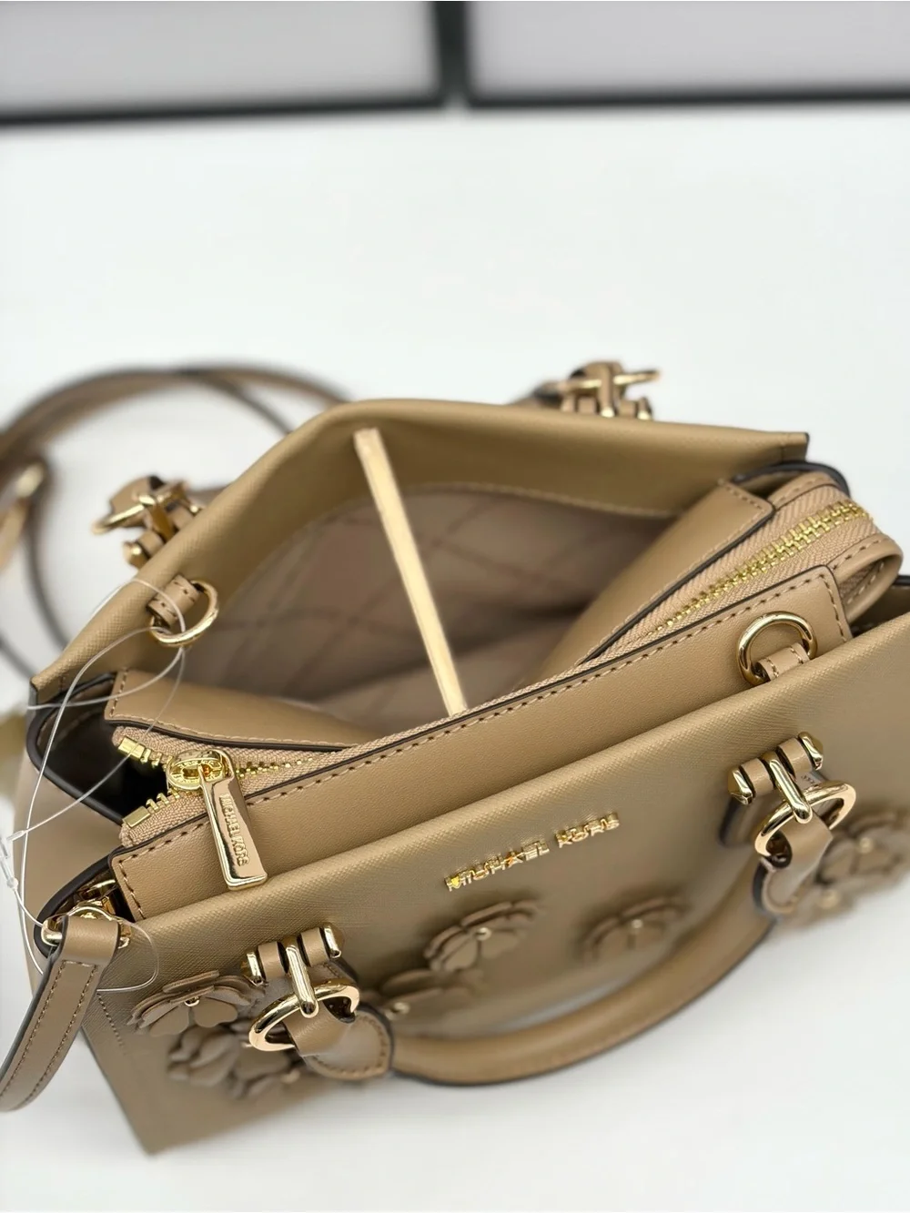 MICHAEL KORS Marilyn Small Floral Embellished Satchel Crossbody Bag Camel NWT